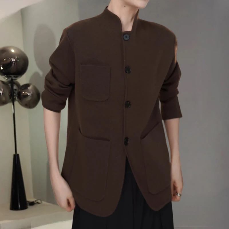 复古减龄纯色立领针织开衫秋季新款显瘦宽松口袋设计单排多扣上衣