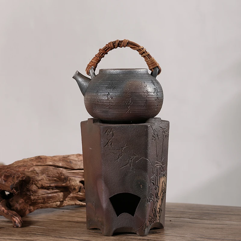【陶潮文创】潮州柴烧紫金陶烧水茶具刻字藤编提梁砂铫陶壶煮水煮茶