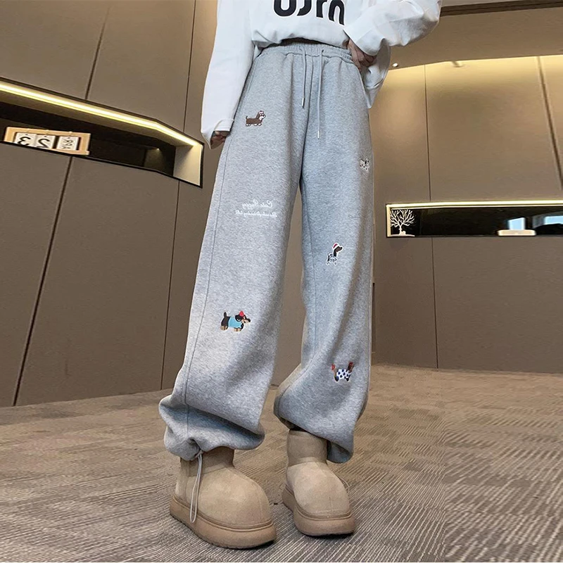 春款百搭卫裤女2025新款卡通小狗字母刺绣松紧腰长裤宽松休闲裤子