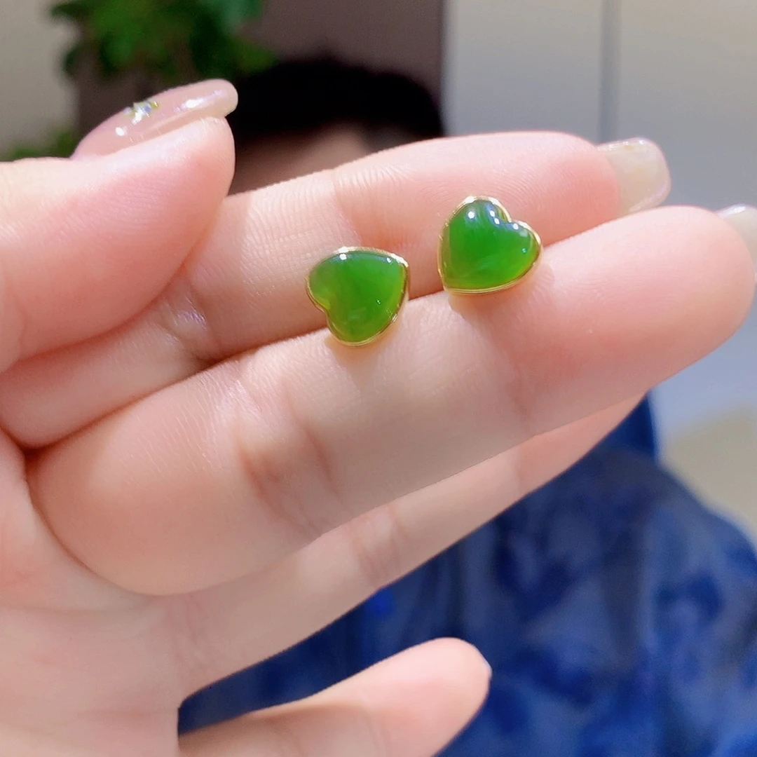 和田玉（碧玉）银S925镀金镶嵌耳饰