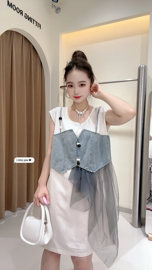 大观欧货原创夏季新款假两件牛仔吊带网纱拼接宽松上衣时尚百搭