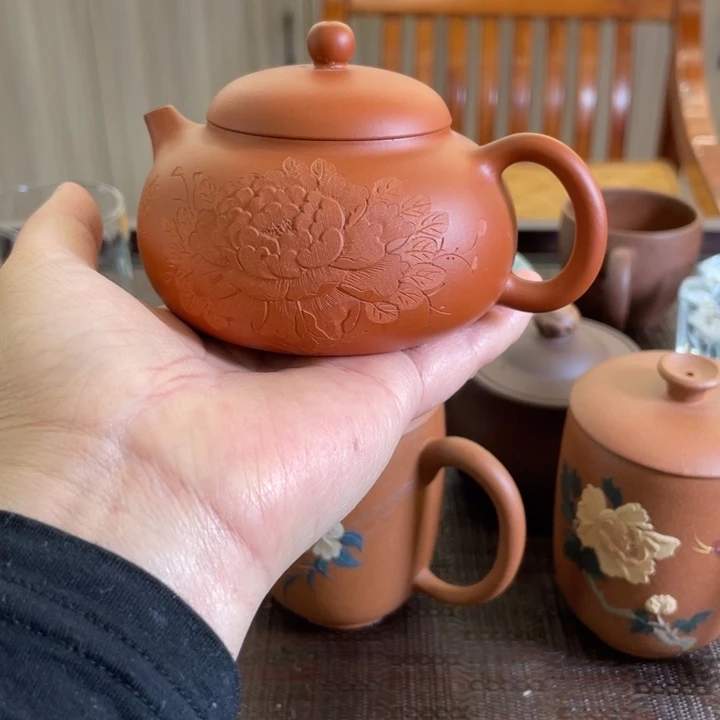 朱泥茶壶蓝****亮文旦牡丹手工制作