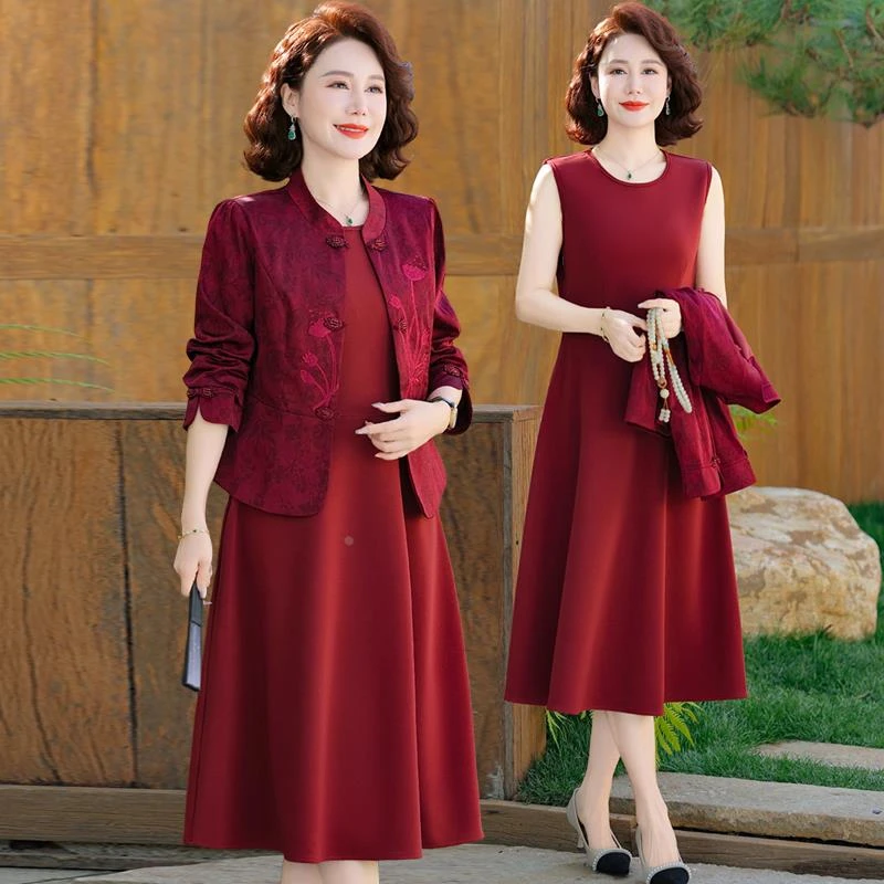 喜婆婆婚宴装妈妈春装连衣裙套装高贵旗袍裙春秋新款婚礼服两件套