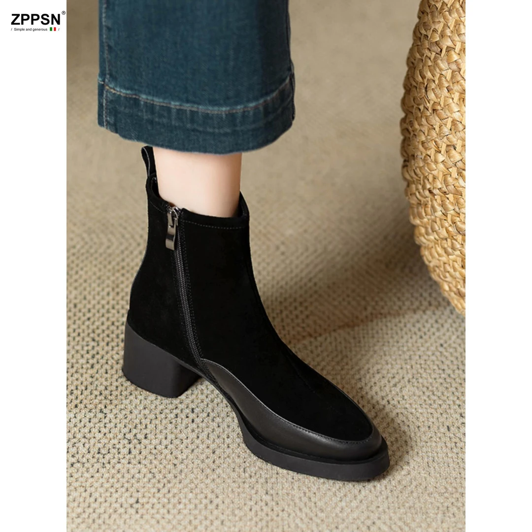 ZPPSN磨砂真皮厚底粗跟短靴女翻毛皮中跟冬季单靴尖头百女式洋气