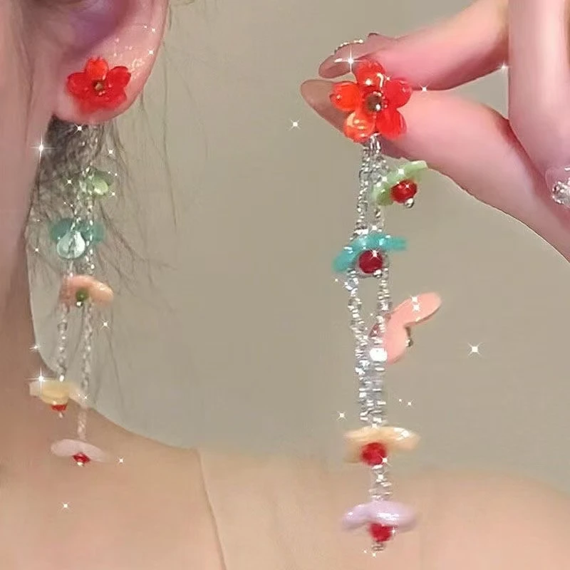 铜合金耳饰 多巴胺花朵耳坠红色度假风氛围感耳环甜美流苏耳饰～
