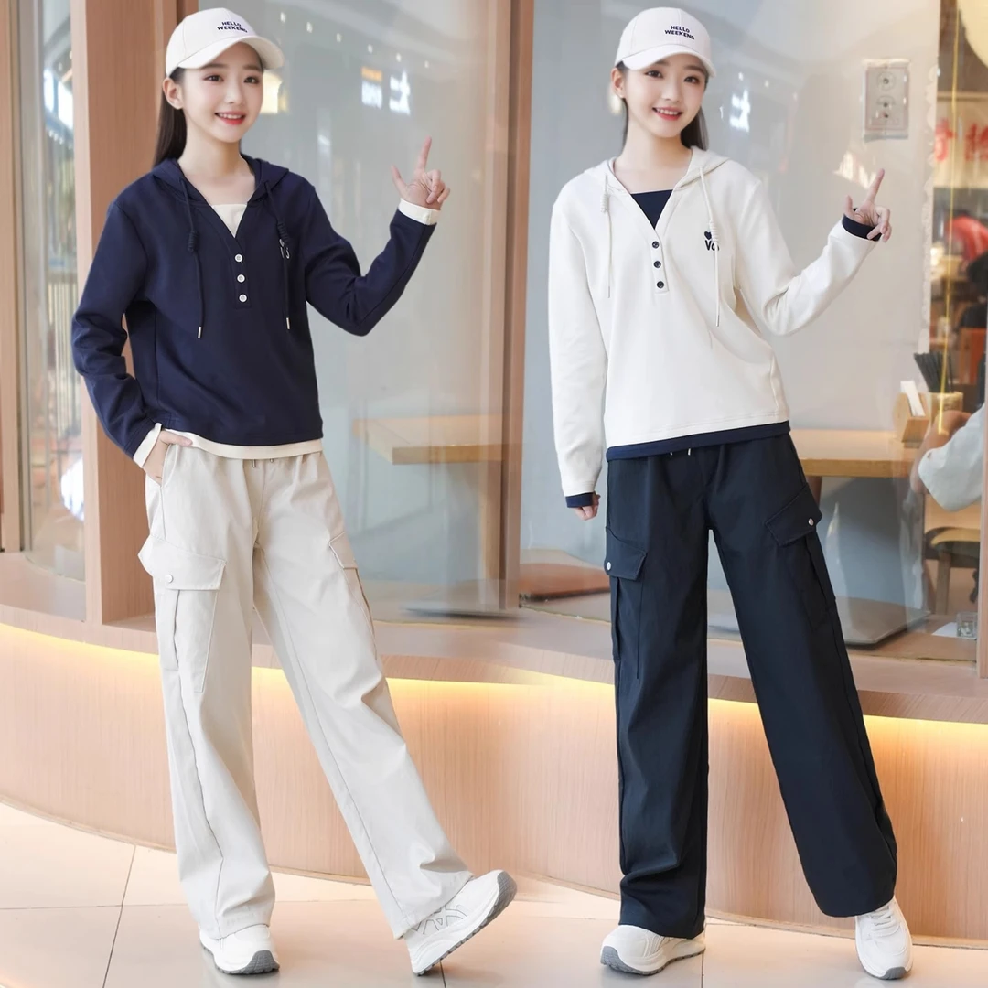 女童秋装套装2025新款洋气韩版中大童时尚宽松女孩百搭连帽两件套