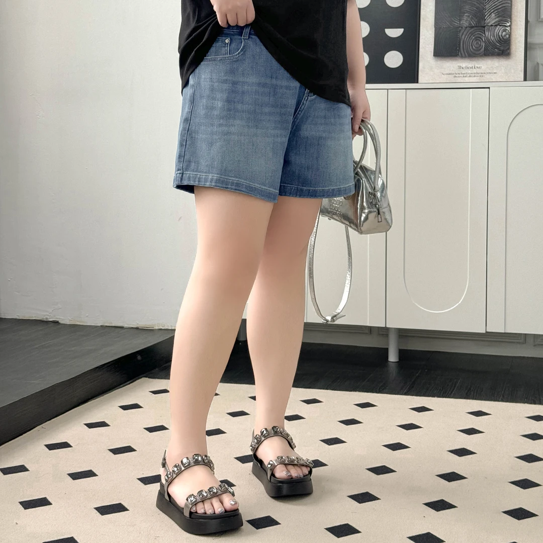 K9839大码女装【美式牛仔短裤】胖mm复古遮胯大腿粗宽松200斤高腰裤