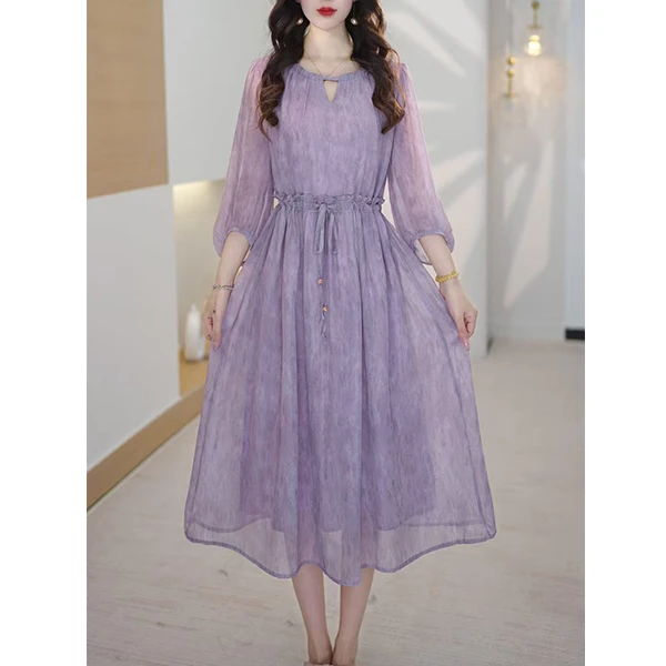 L5610新款2025连衣裙紫色甜美印花飘逸收腰显瘦遮肚子优雅气质裙