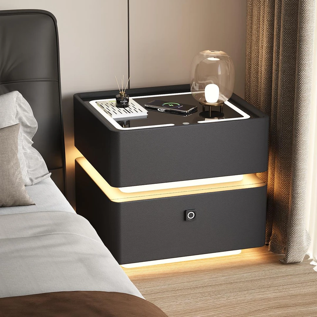 智能床头柜黑色家用卧室实木床边柜子指纹锁轻奢高级感小型收纳柜