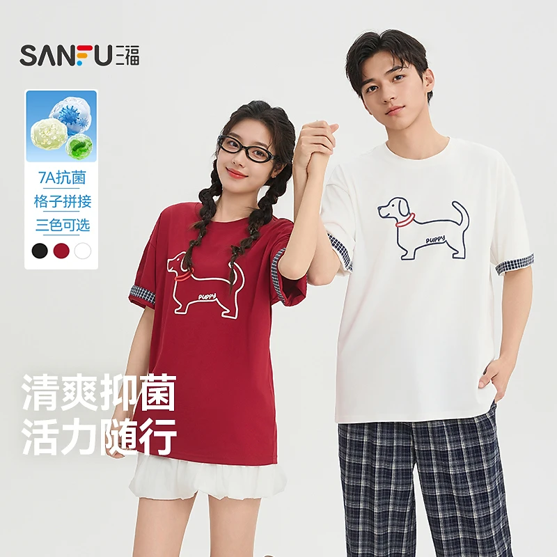 SANFU/三福26夏季男士线条小狗拼格子袖短T恤重磅圆领上衣521780