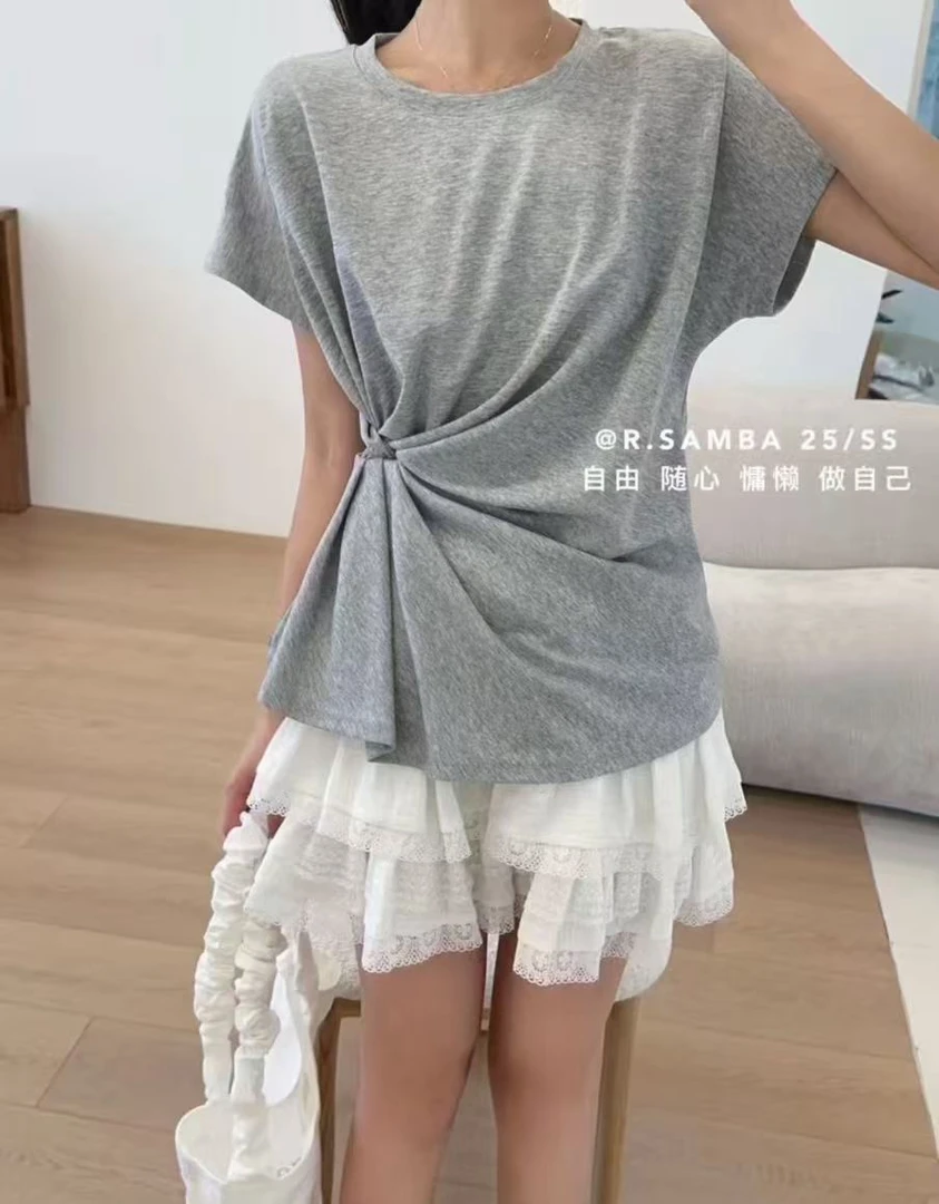 【中環集团香港仓】韩系不规格设计感扭结短袖T恤春夏新款显瘦上衣