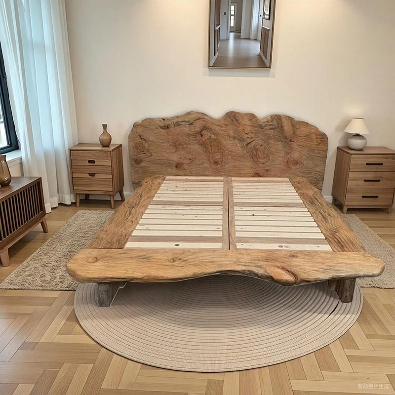 纯实木双人婚床客栈酒店家用1.5米1.8米香樟木自然边单人床定做