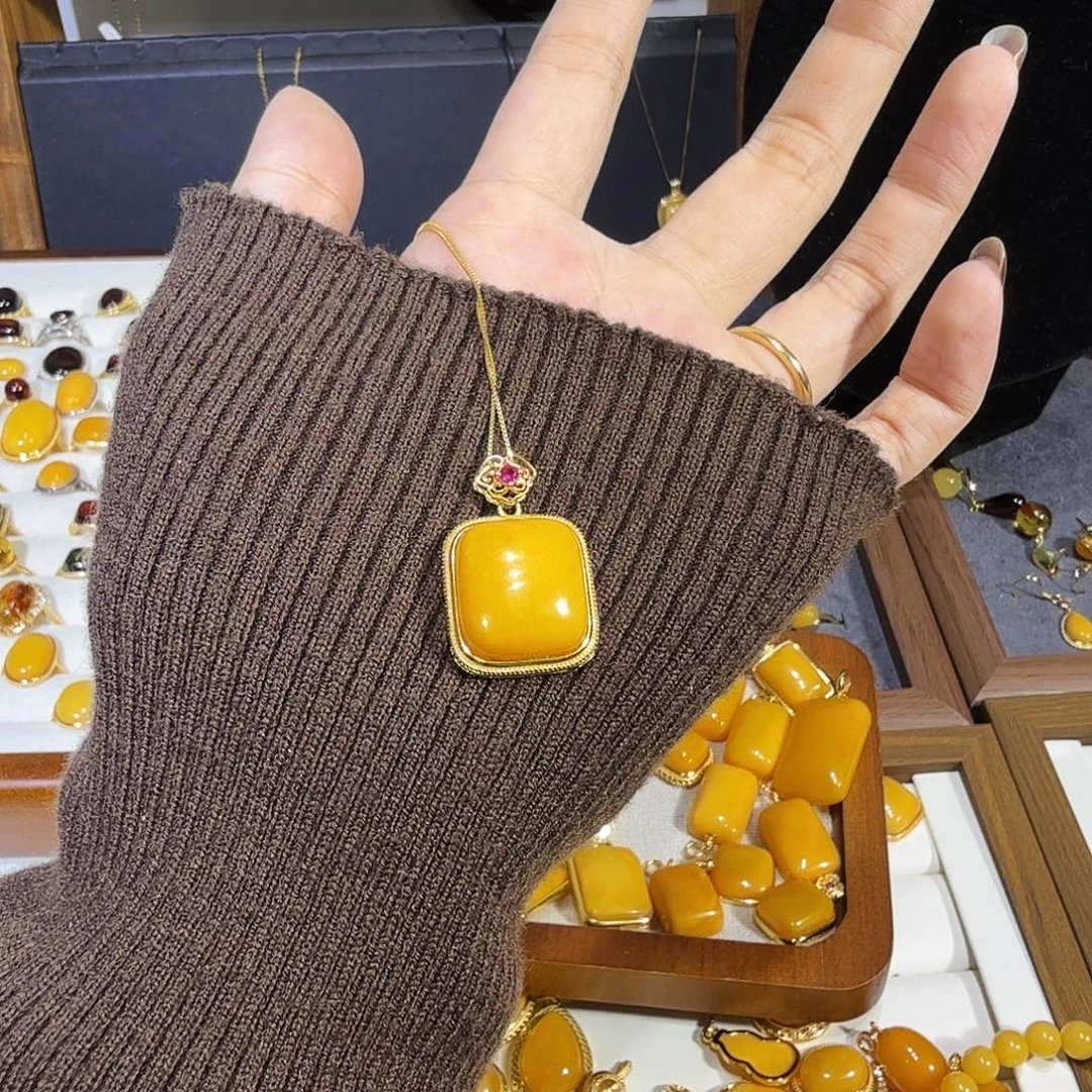 蜜蜡银S925镀金镶嵌颈饰蜜蜡项链