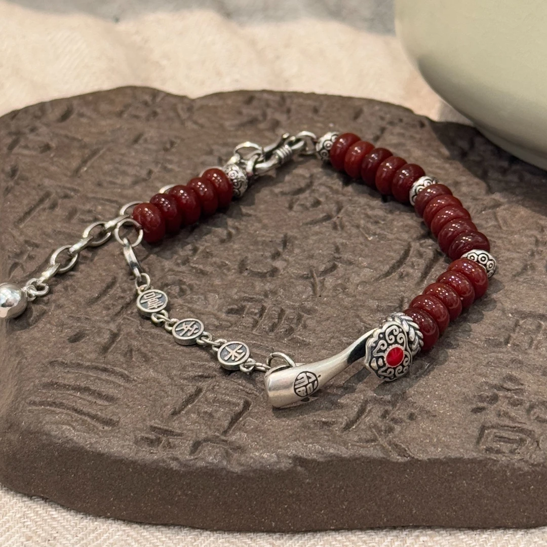 <一禅兄>S925银复古高级感玛瑙算盘珠滴胶福字如意平安喜乐链手链