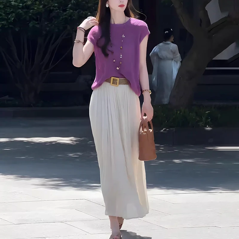 2025超火减龄搭配一整套夏装紫色冰丝针织上衣半身裙显瘦遮肉套装