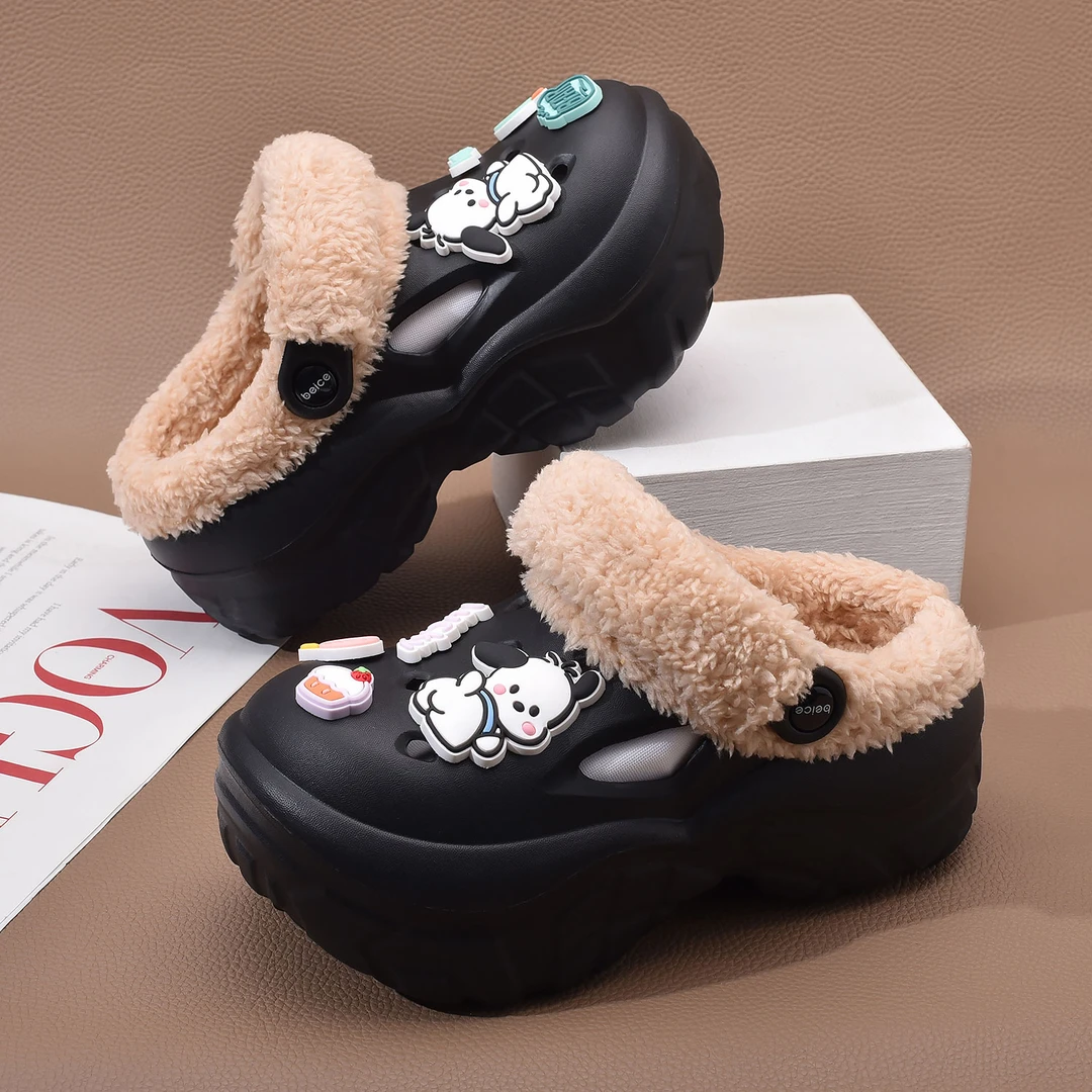 加绒洞洞鞋女冬季2025新款外穿防滑厚底踩屎感棉拖鞋户外毛毛棉鞋
