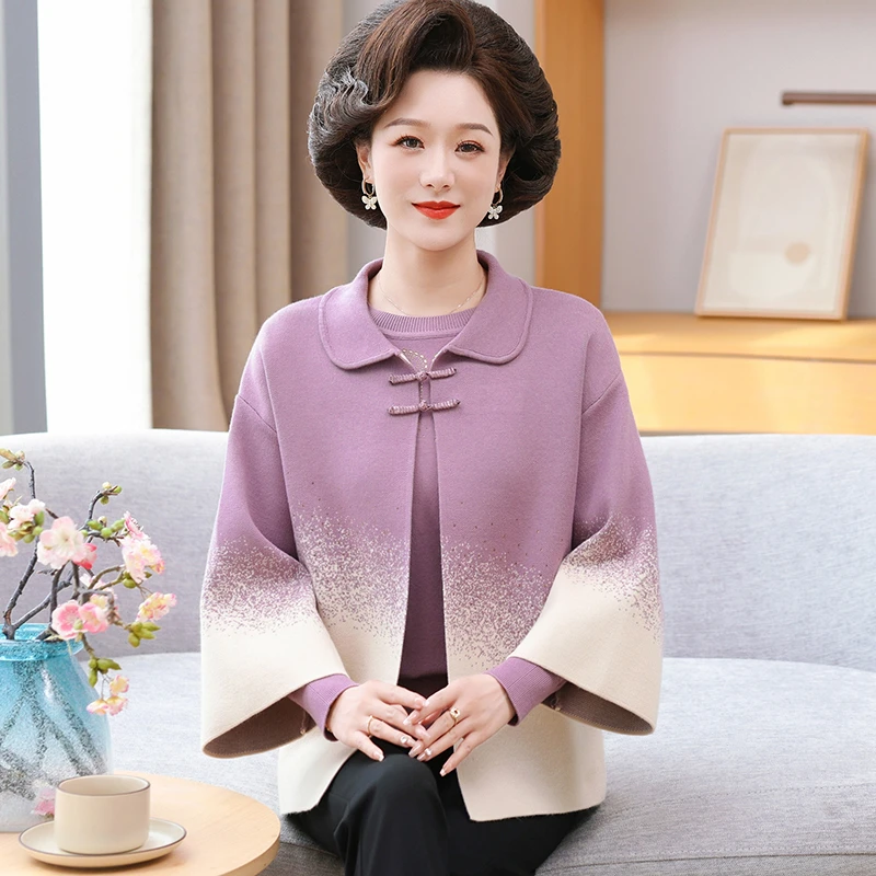 新中式妈妈春秋装外套洋气国风毛衣开衫中年人女秋冬针织两件8888