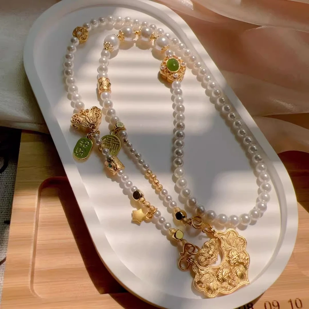 铜合金项链 新中式古法锦鲤项链纳福新中式穿搭镂空宫廷超仙长款