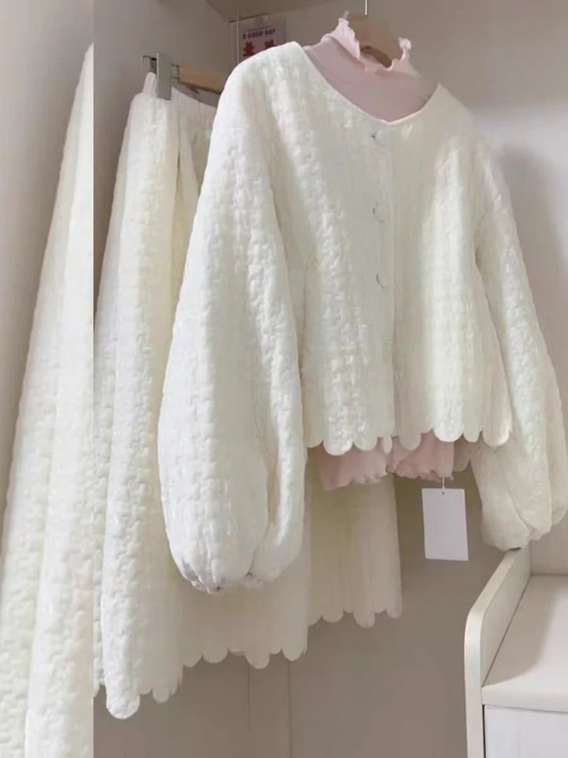 （看姐妹预约人数上新款式）新款韩版米白色休闲棉服外套半裙套装