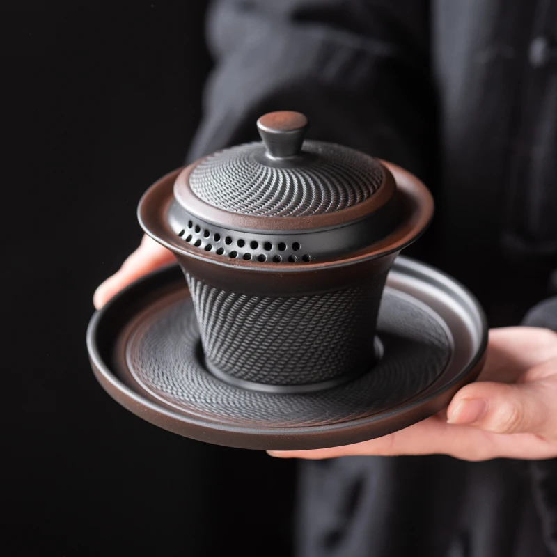 建水紫陶茶具盖碗全手工跳刀三才盖碗高端泡茶碗防烫带盖家用茶具