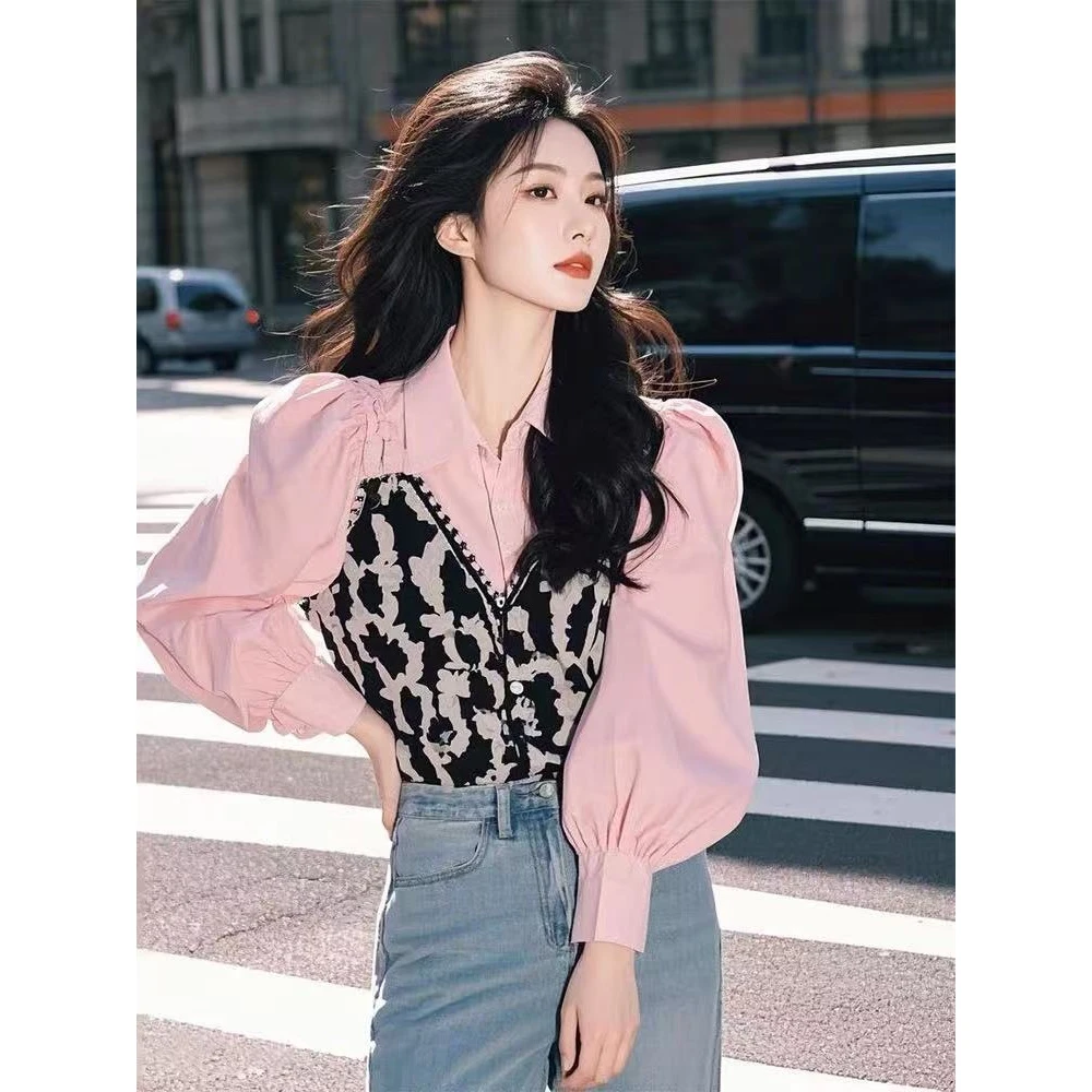 超好看独特漂亮2025秋季新品洋气设计感粉色碎花拼接假两件衬衫女