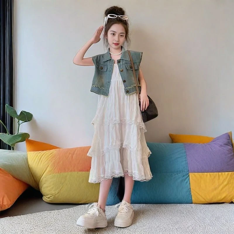 女童套装吊带裙夏季时尚中大童洋气网红牛仔无袖马甲两件套蛋糕裙