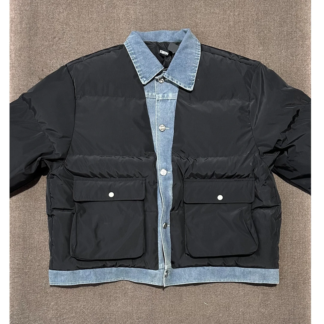 冬季棉服外套拼接牛仔领设计感