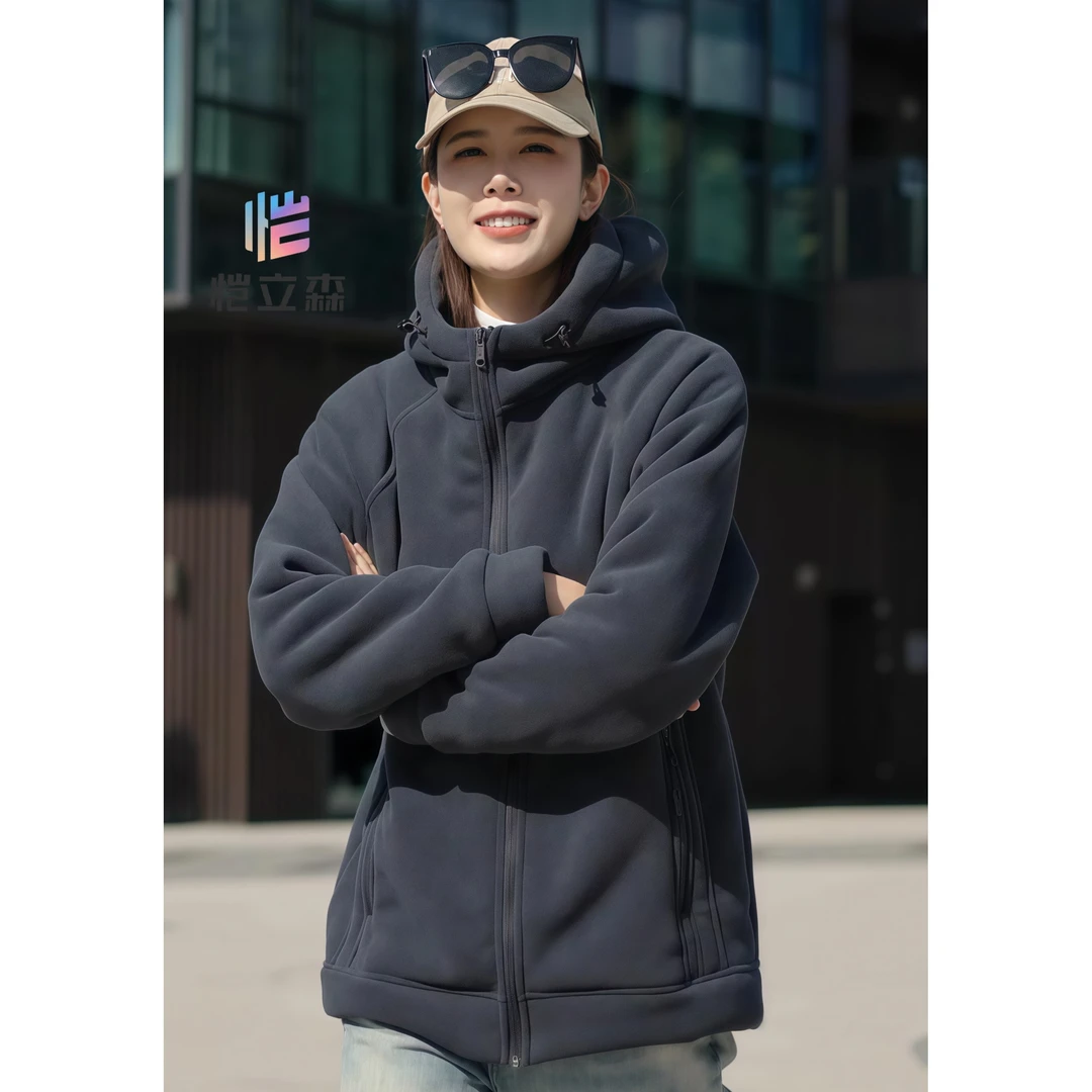 2025冬季新款防风加绒摇粒绒一体加厚连帽百搭男女同款外套