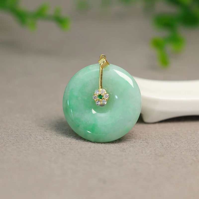 #I903 糯种阳绿缅甸天然A货翡翠平安扣吊坠挂坠