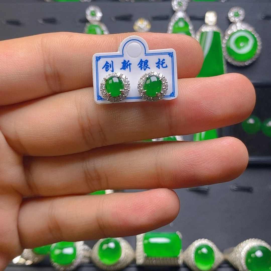 翡翠银S925镶嵌耳钉耳钉