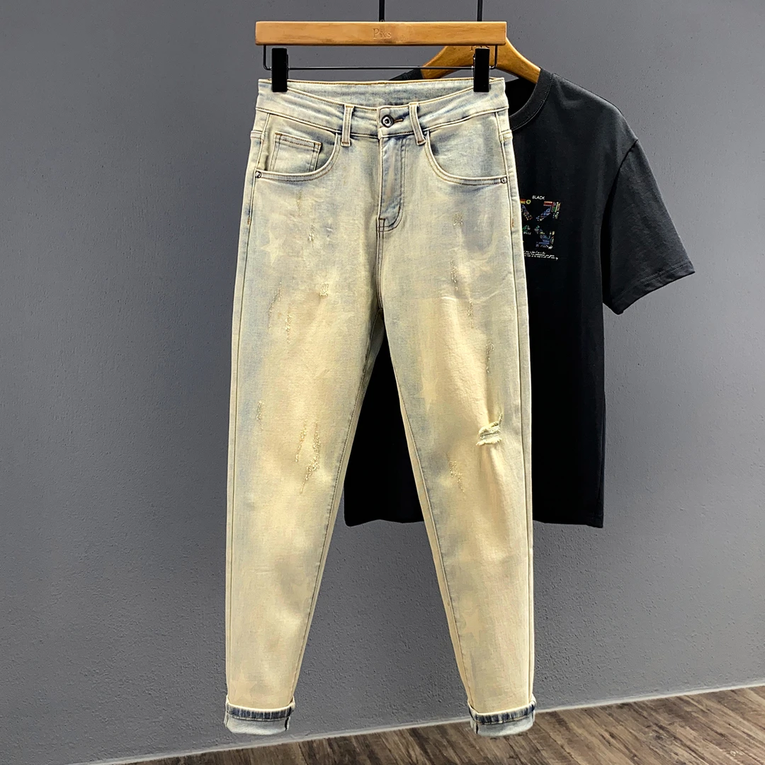 DeweLvum匠心制作！一眼就爱上!潮流做旧水洗弹力修身小脚牛仔裤男