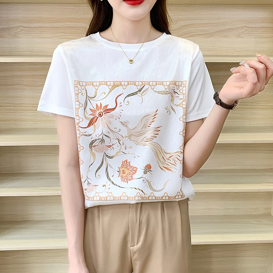 1355新款丝滑缎面冰凉感百搭时尚休闲女半袖T恤洋气AB拼接短袖