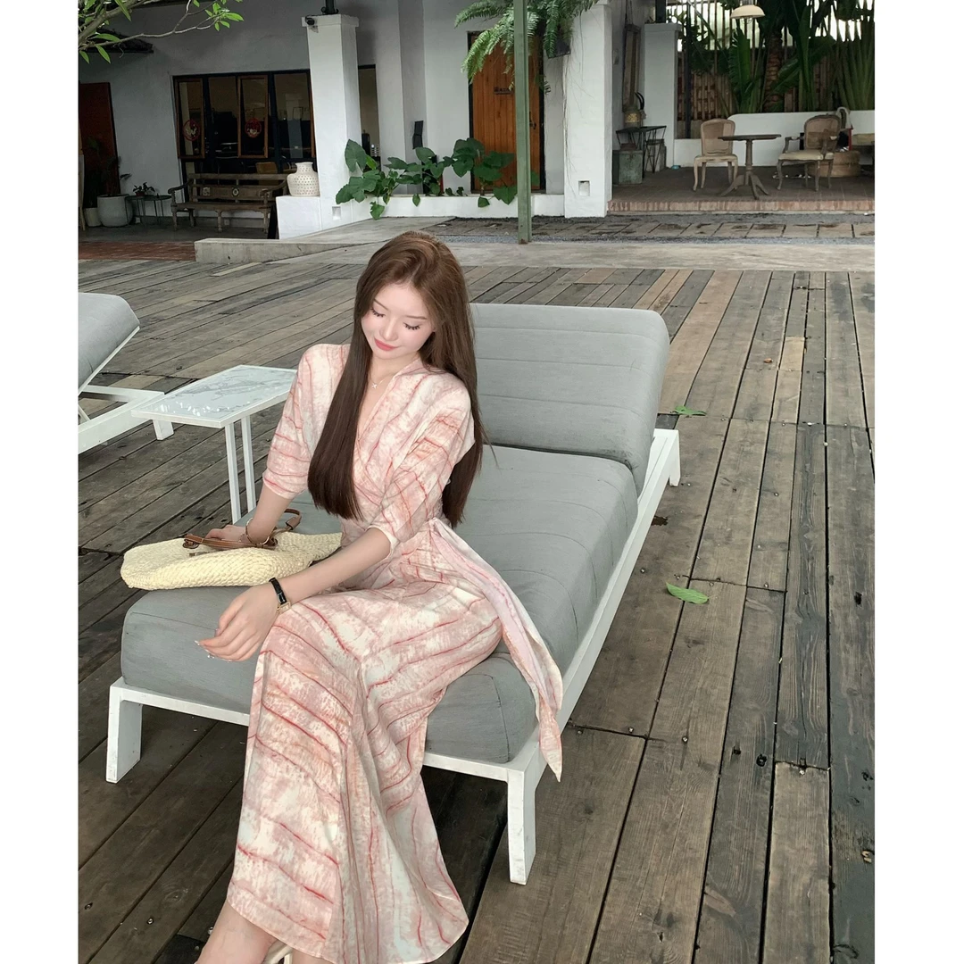 SZA【桃花漫云】夏季新款设计感交叉绑带V领收腰显瘦连衣裙A-1984