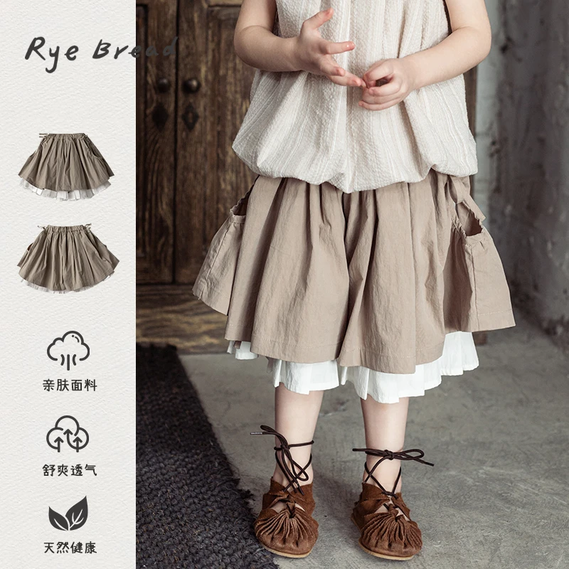 ryebread/黑面包童装 韩系女小童假两件微褶百搭短裙 5夏