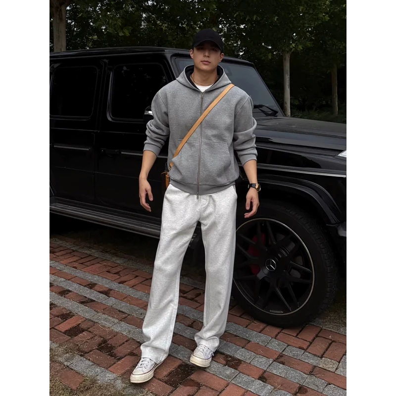 白灰色运动休闲直筒卫裤男款秋季cleanfit显瘦弯刀裤美式健身裤子