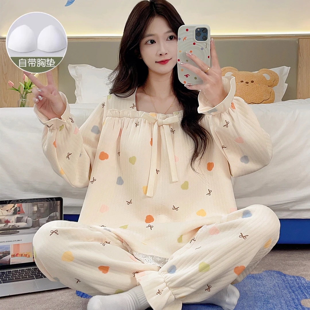 带胸垫睡衣女士春秋冬季空气棉夹层2025新款长袖家居服可外穿套装