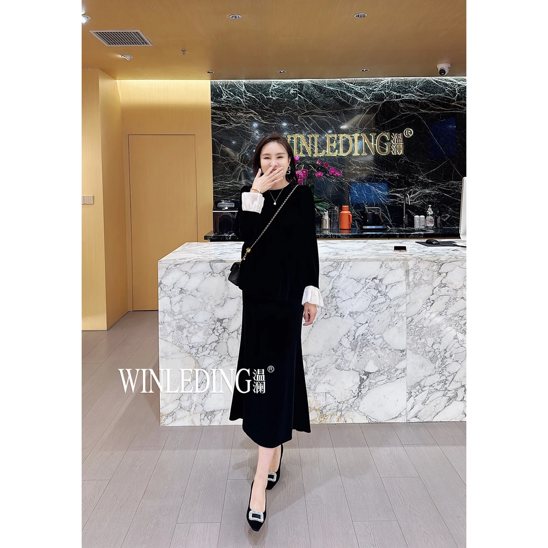 温澜服饰·雅“芸熙”花边袖圆领半裙套装2025秋冬连衣裙子显瘦25021