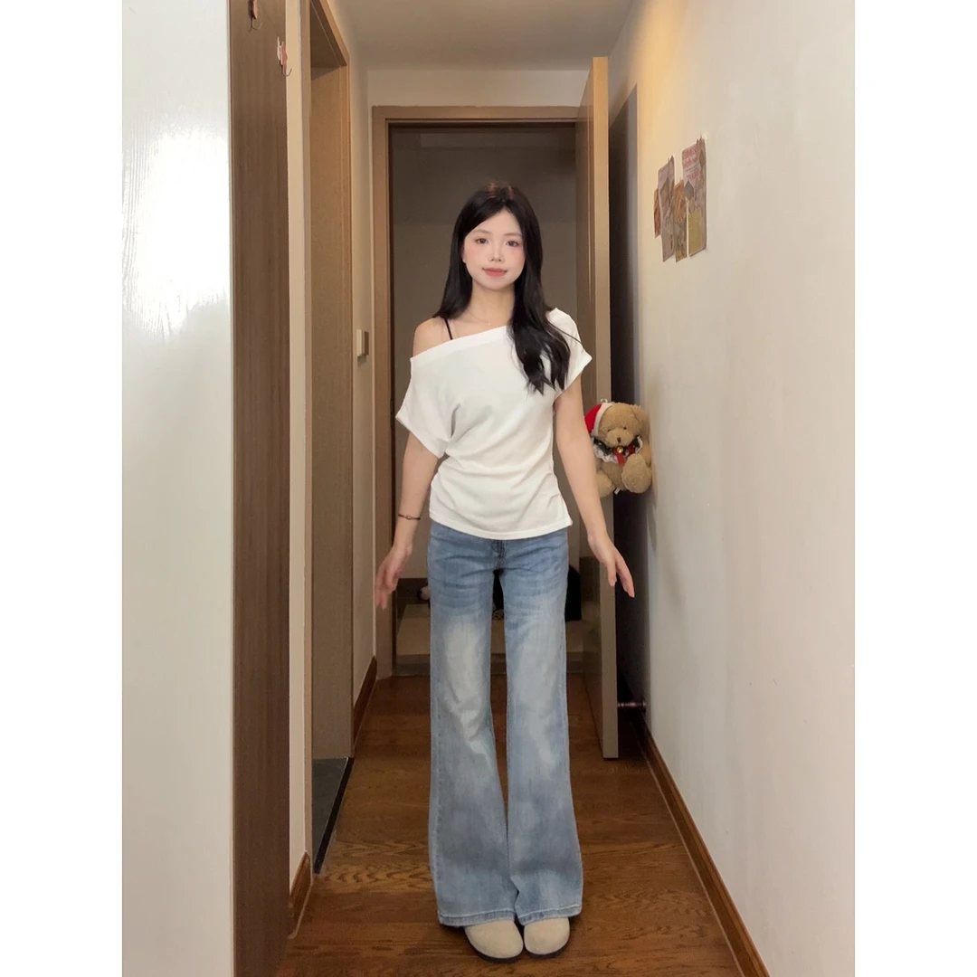 复古冰蓝微喇牛仔裤女设计感百搭修身马蹄裤子2025美式显瘦喇叭裤