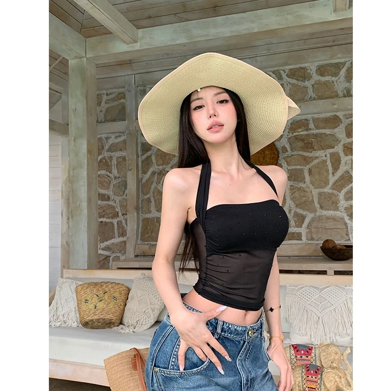 纯欲风辣妹网布烫钻挂脖吊带背心女带胸垫内搭修身显瘦美背上衣夏