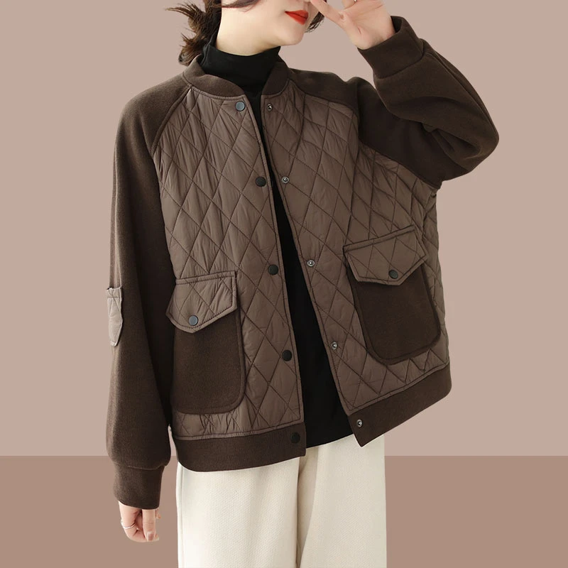 2025冬季加厚夹棉菱格拼接短外套女韩版宽松休闲夹克衫棒球服外套