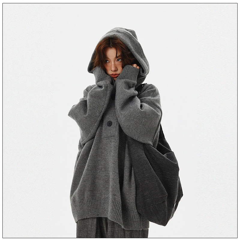 达蒙岛美式复古慵懒风半开衫纽扣连帽毛衣男女宽松情侣针织衫外套