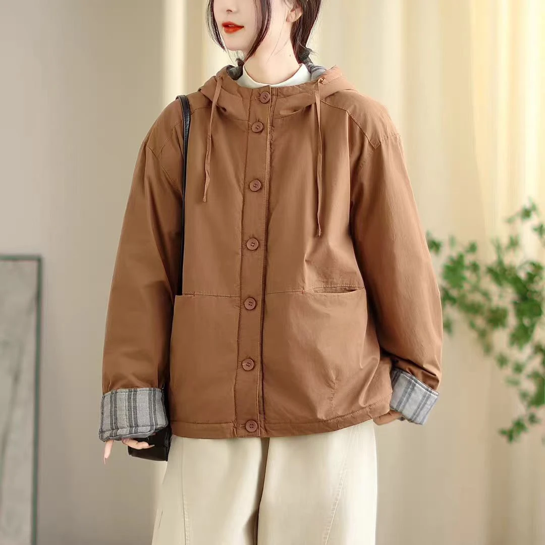 27088款内里格纹连帽夹棉棉袄棉服2025冬季复古纯棉衣外套