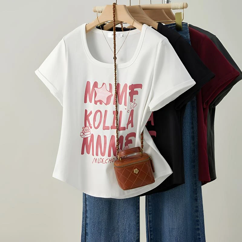 大码微胖正肩短袖T恤女夏季显瘦遮肉印花圆领休闲正肩短袖t恤女