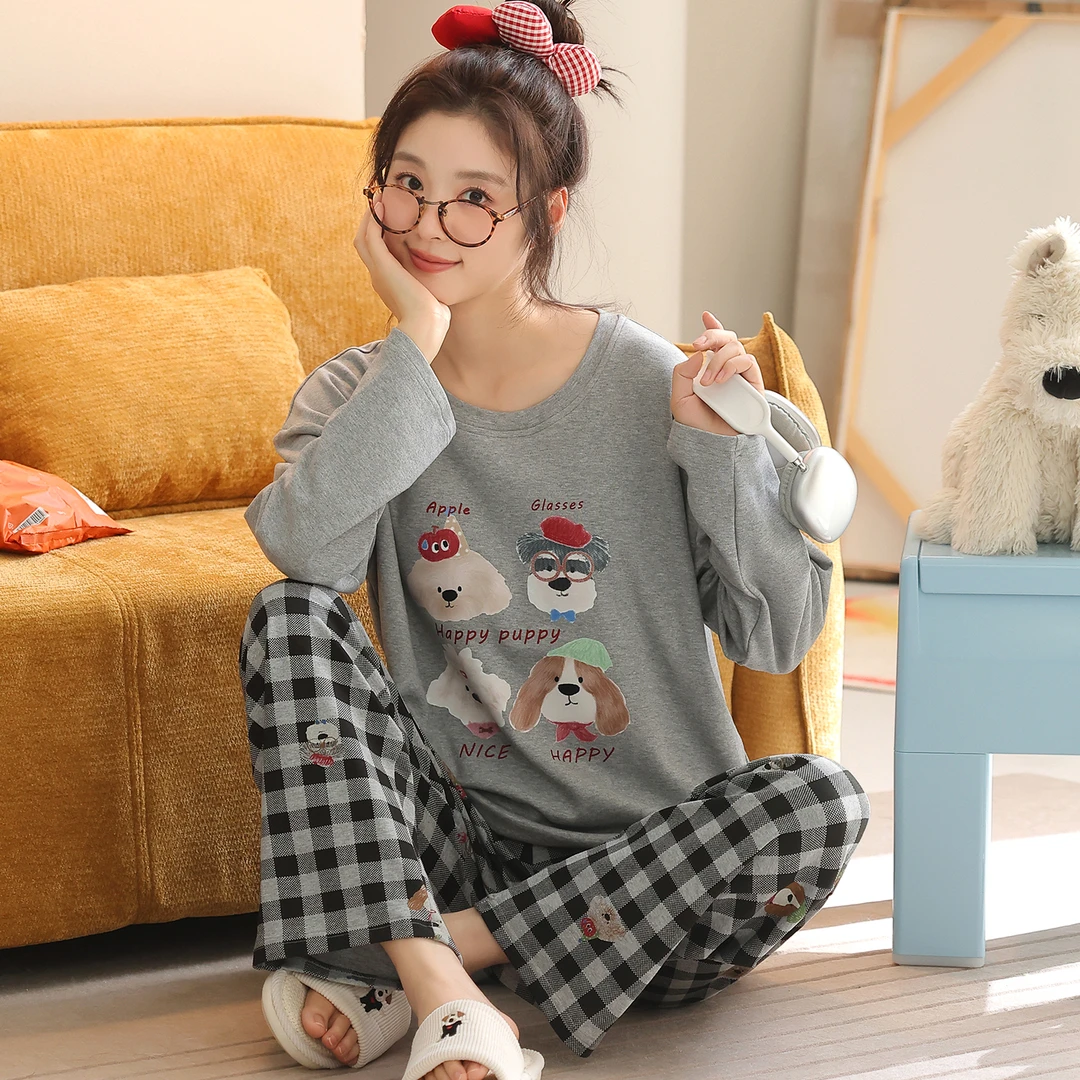 卡之恋睡衣女春秋季派对小狗长袖纯棉萌趣家居服【春秋薄款190g】