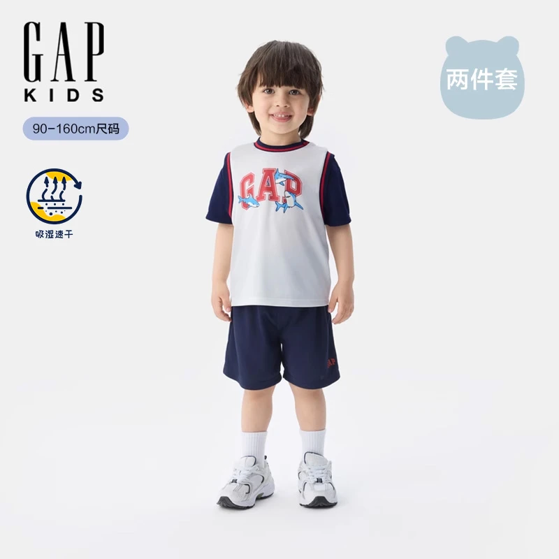 Gap男童2025夏季款印花logo吸湿速干T恤短裤两件套767344/767342