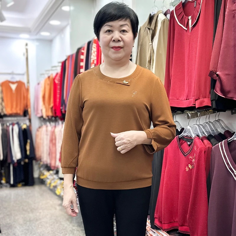 25年秋季新品薄款八分袖上衣女圆领时尚纯色50岁中年妈妈装T恤衫