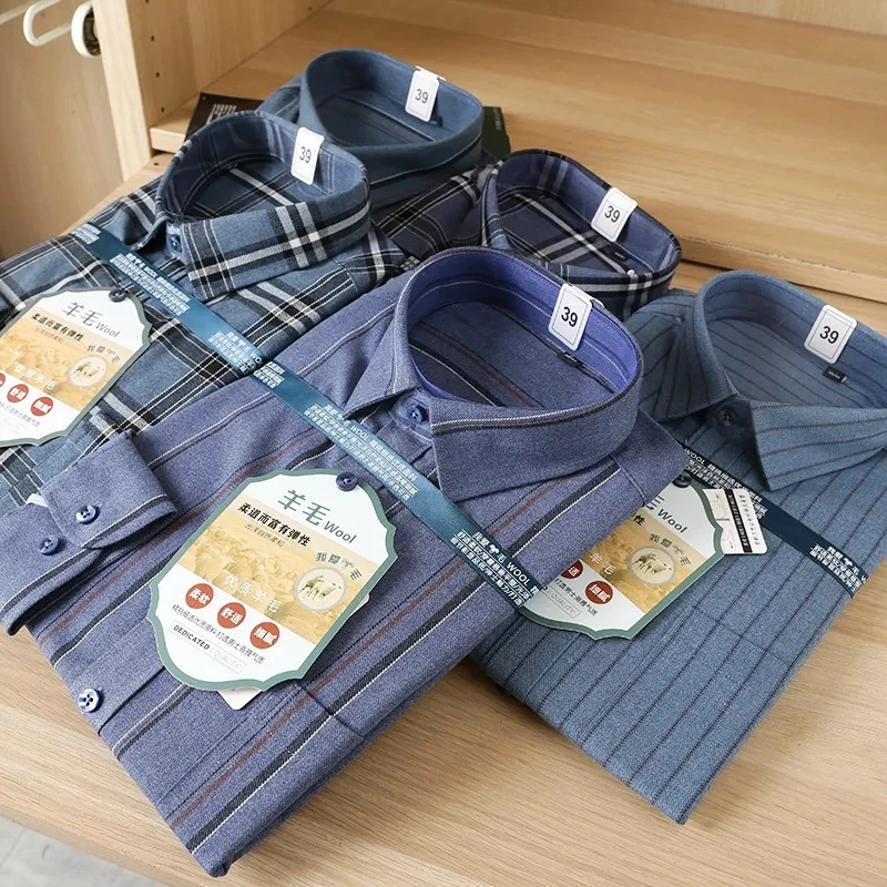 仿羊毛男装时尚舒适长袖衬衫格纹透气翻领商务休闲亲肤衬衣好穿搭