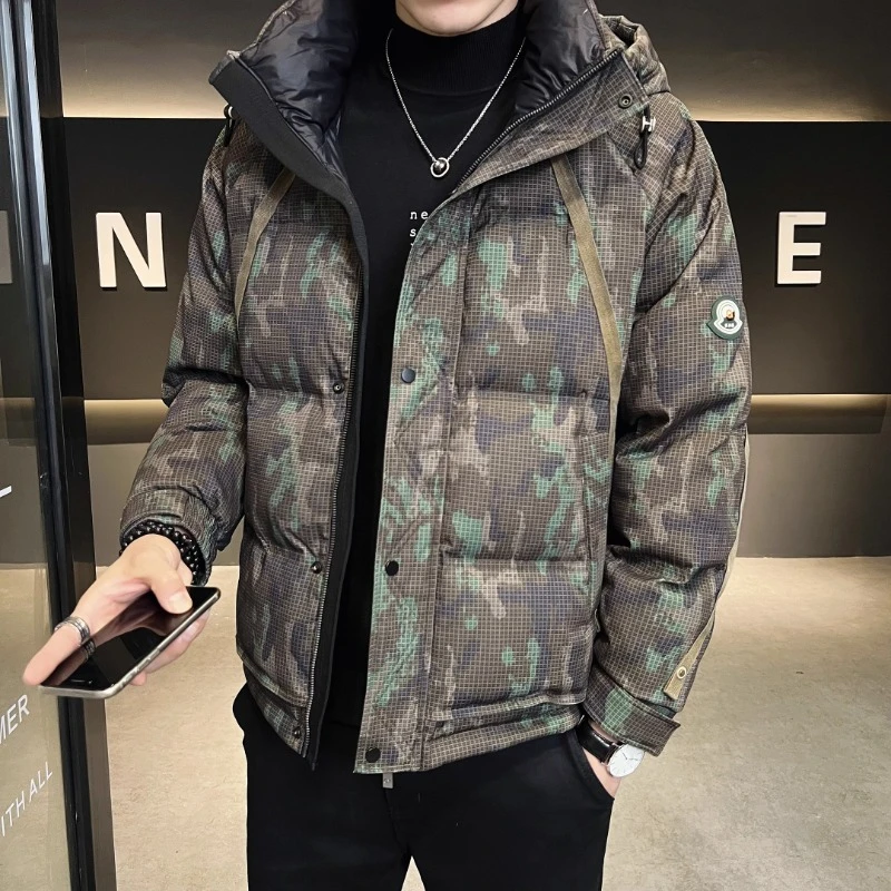 高品质连帽迷彩羽绒服男冬季2025新款工装风青年短款保暖加厚外套