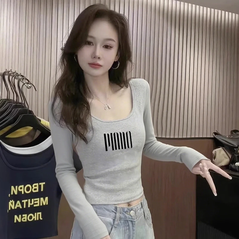 韩版百搭早秋减龄秋冬灰色正肩u领长袖T恤女修身短款内搭打底上衣
