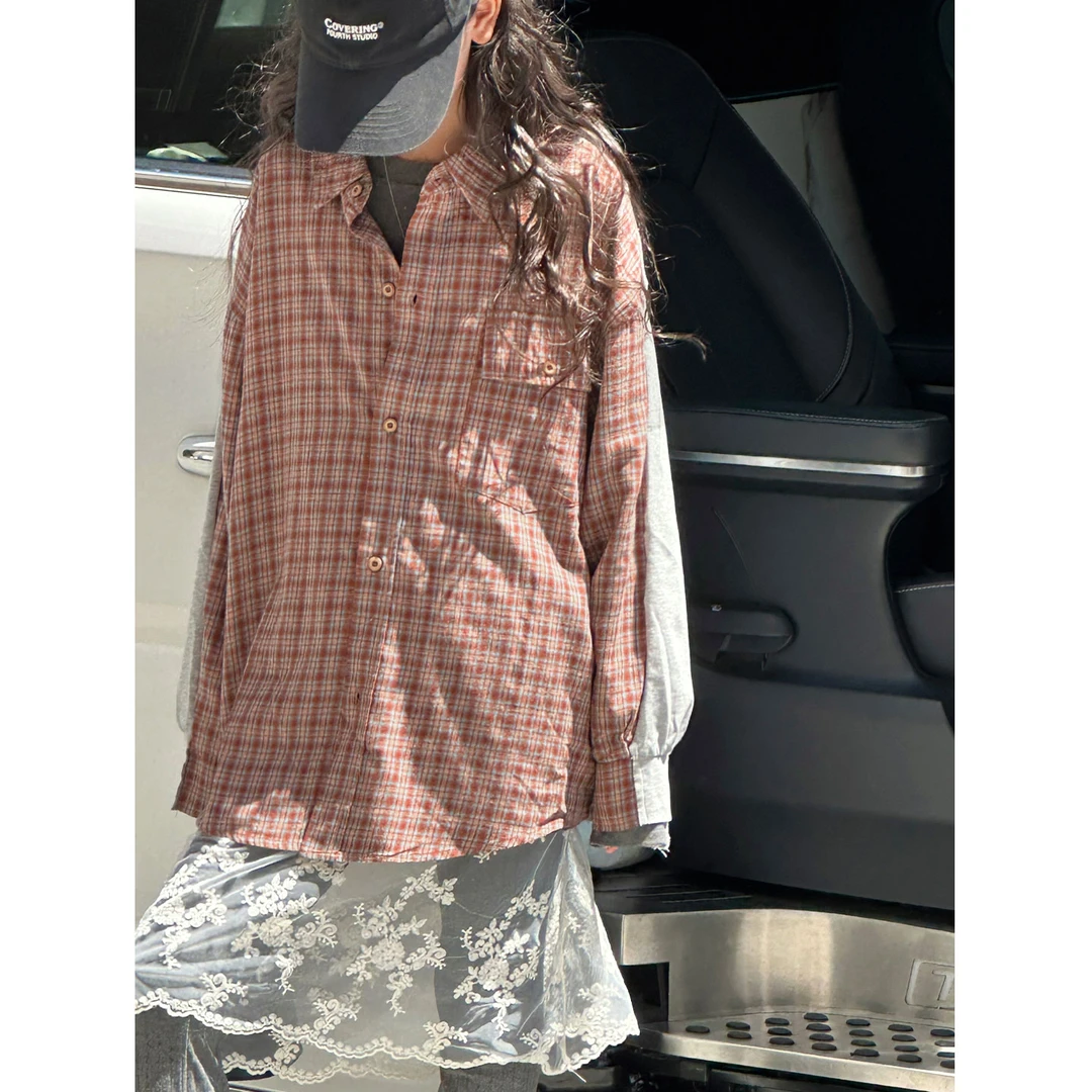 K29726孙小美复古拼接女童格子衬衫2025秋装新款儿童外套春秋上衣